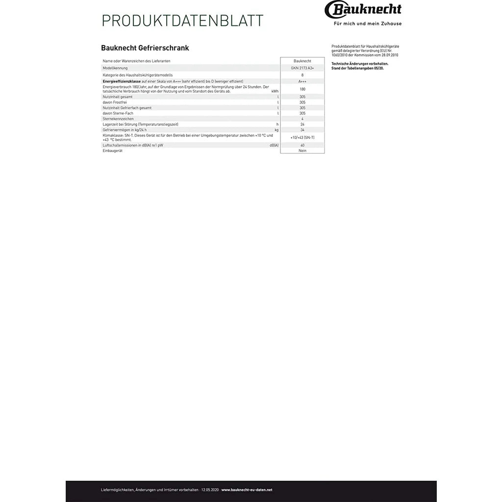 2026 Congelador vertical Bauknecht GKN 2173 A3+ – 309 litros, independiente, clase energética A+++, blanco
