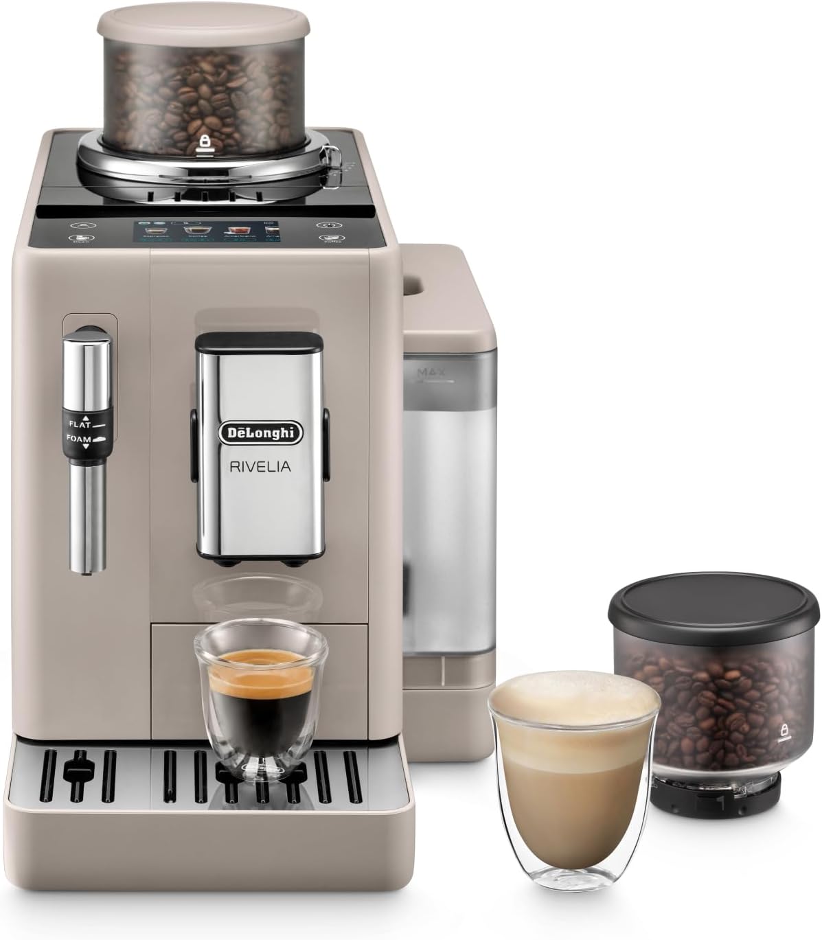 De'Longhi Rivelia EXAM440.55.G, Cafetera Superautomática con LatteCrema Hot, Espumador de Leche Automático, Tamaño Compacto, 16 Recetas, Pantalla Táctil a Color, Gris